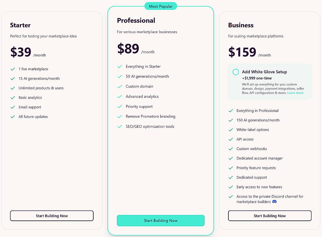 Pricing screenshot