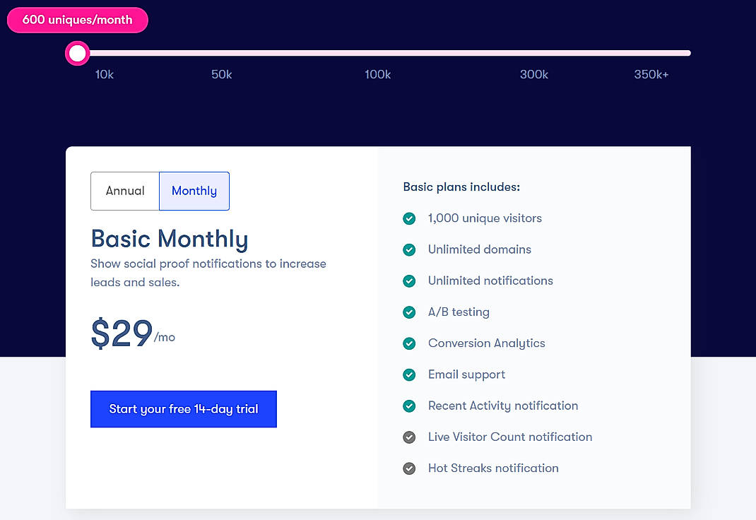 Pricing screenshot