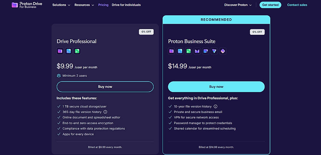Pricing screenshot