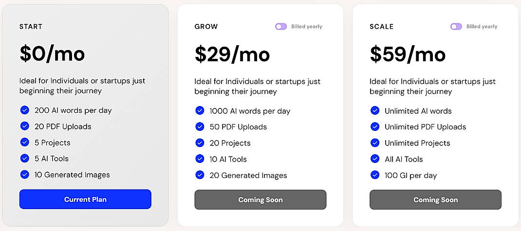 Pricing screenshot