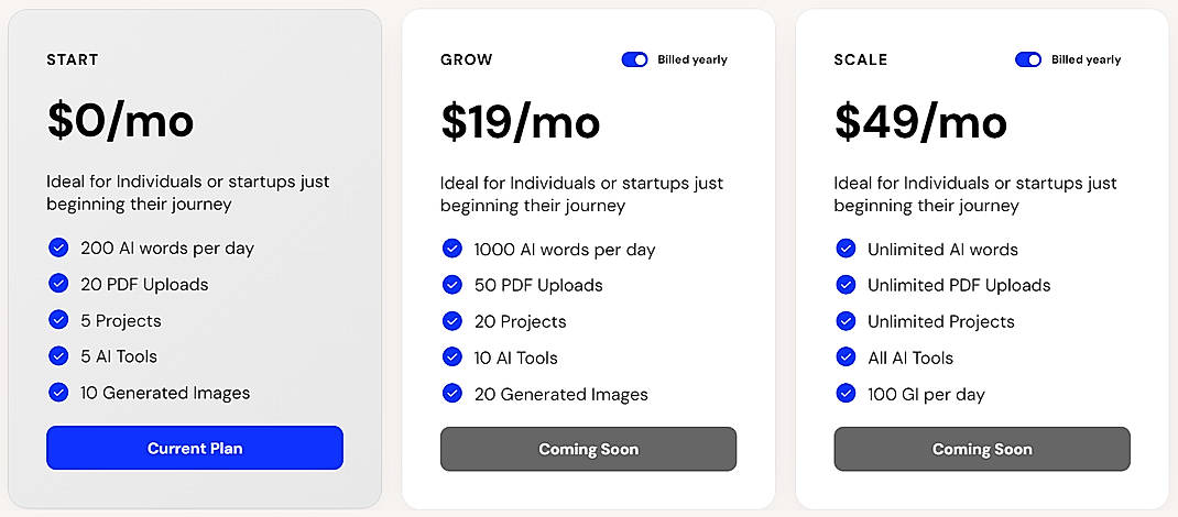 Pricing screenshot