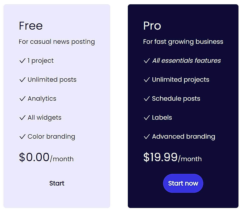 Pricing screenshot