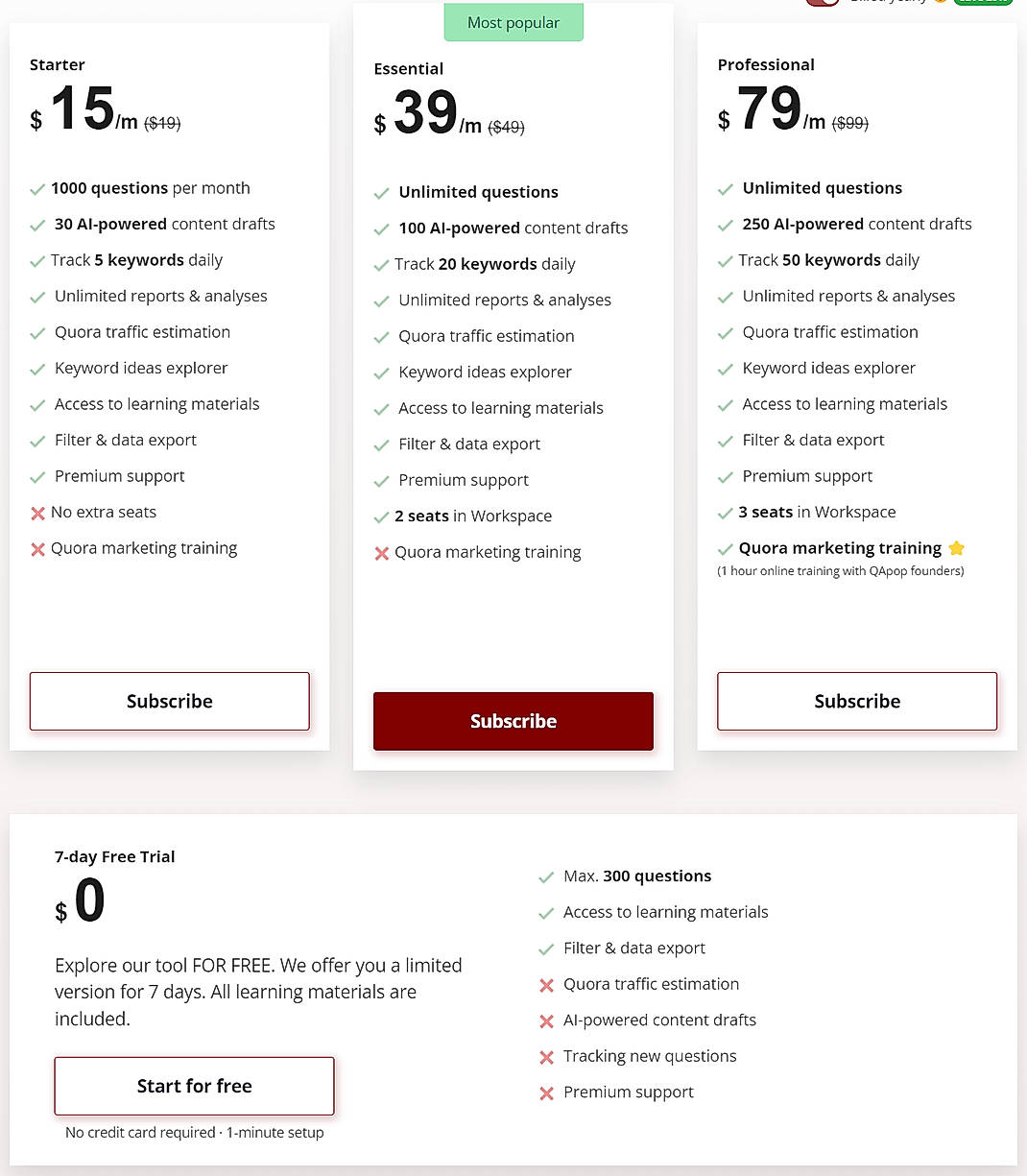 Pricing screenshot