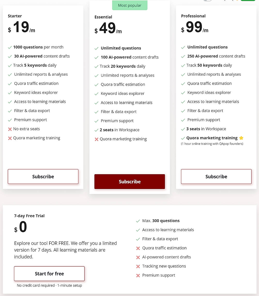Pricing screenshot