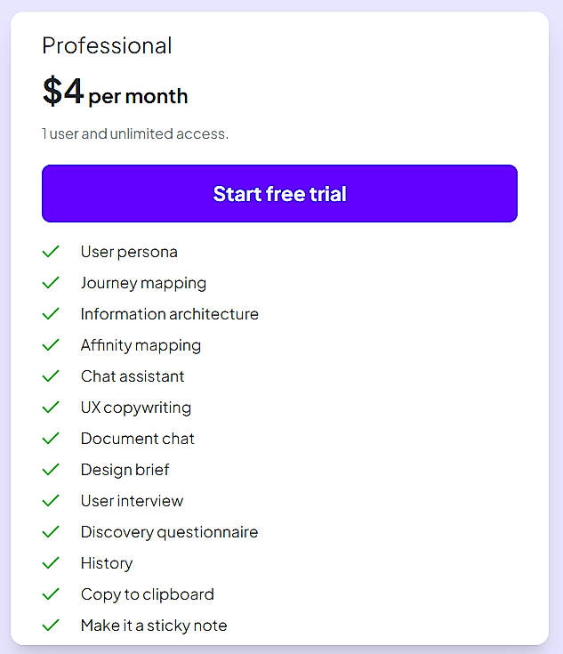 Pricing screenshot