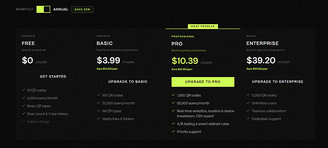 Pricing screenshot