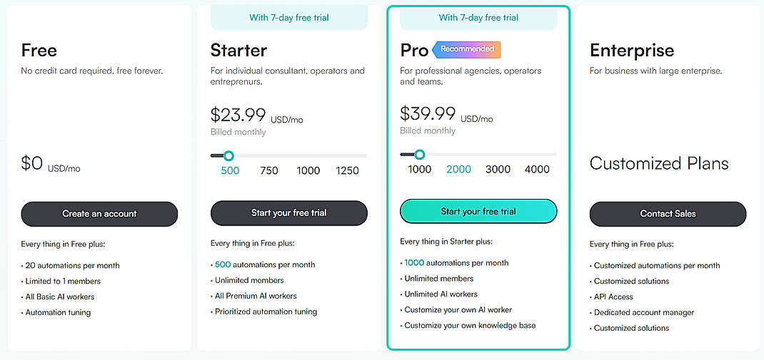 Pricing screenshot