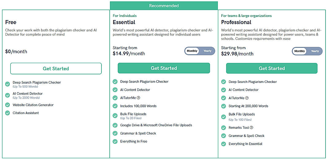 Pricing screenshot