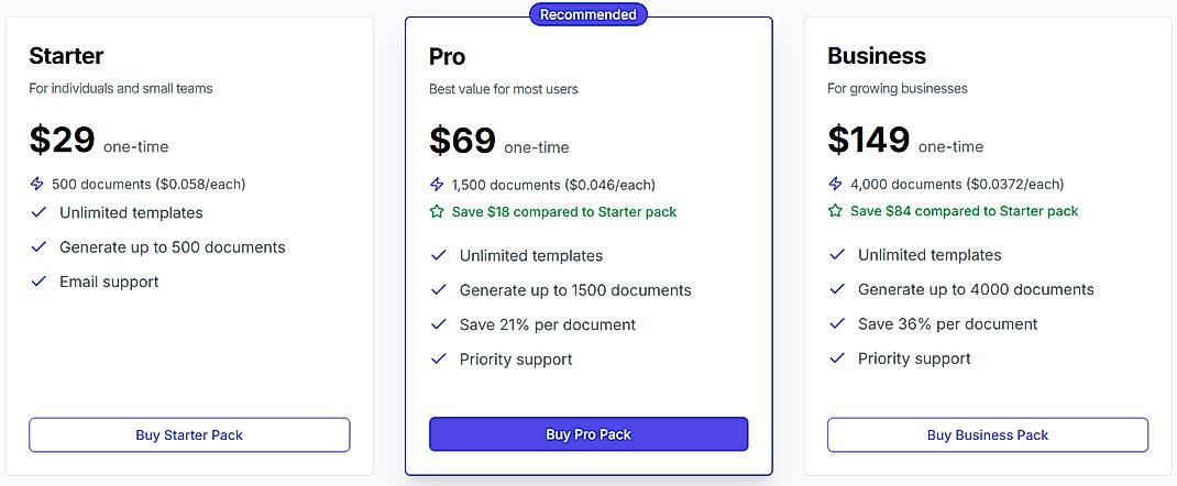 Pricing screenshot