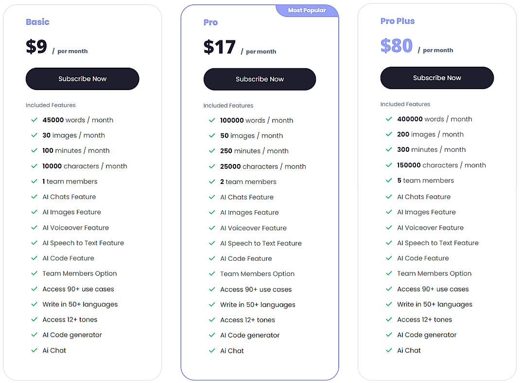 Pricing screenshot