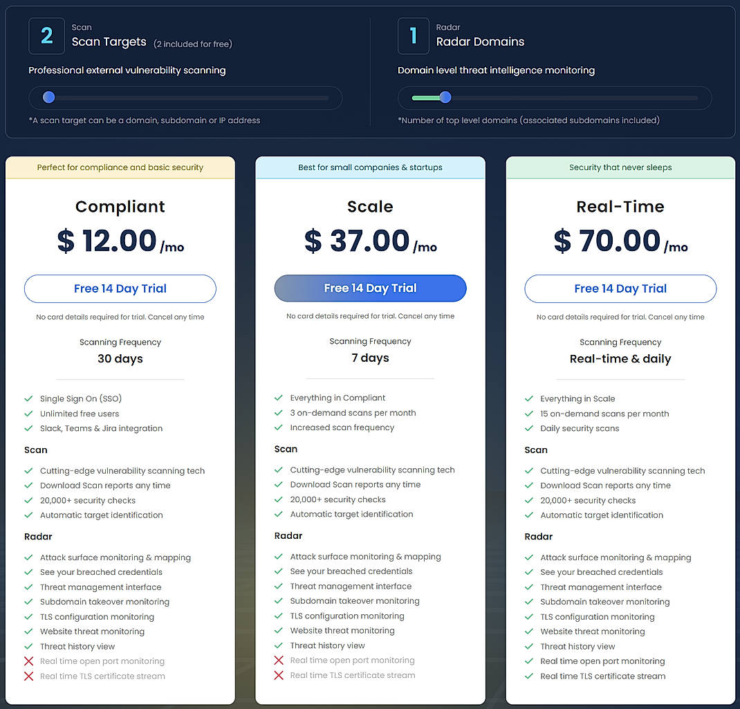 Pricing screenshot