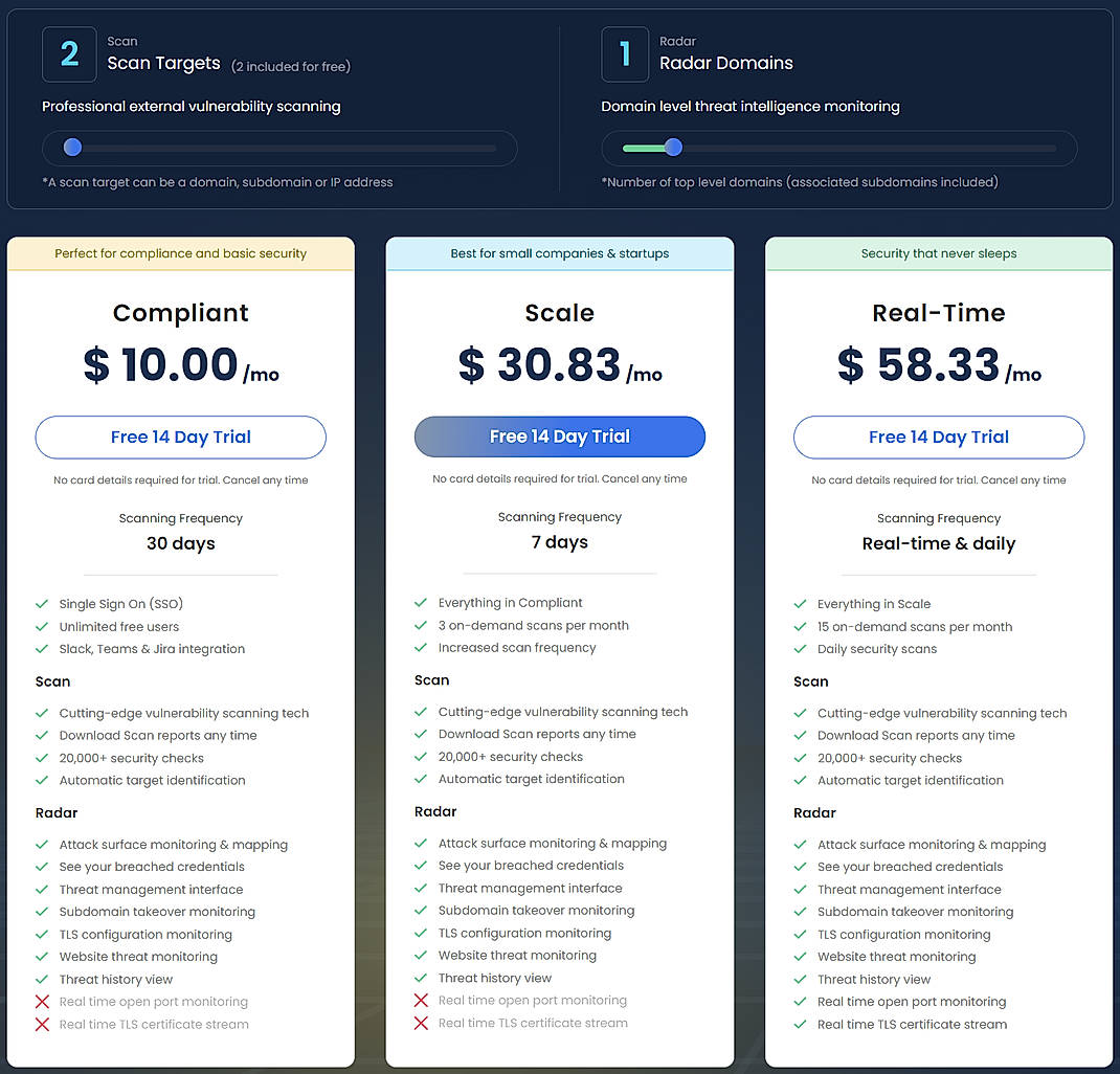 Pricing screenshot