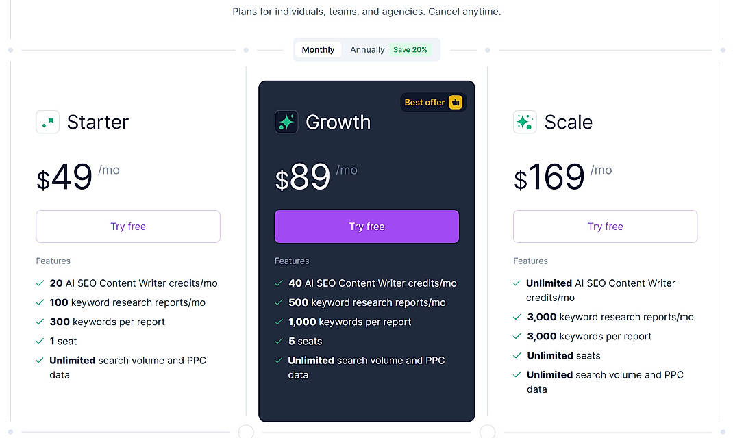 Pricing screenshot