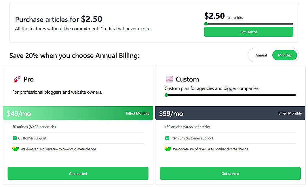 Pricing screenshot
