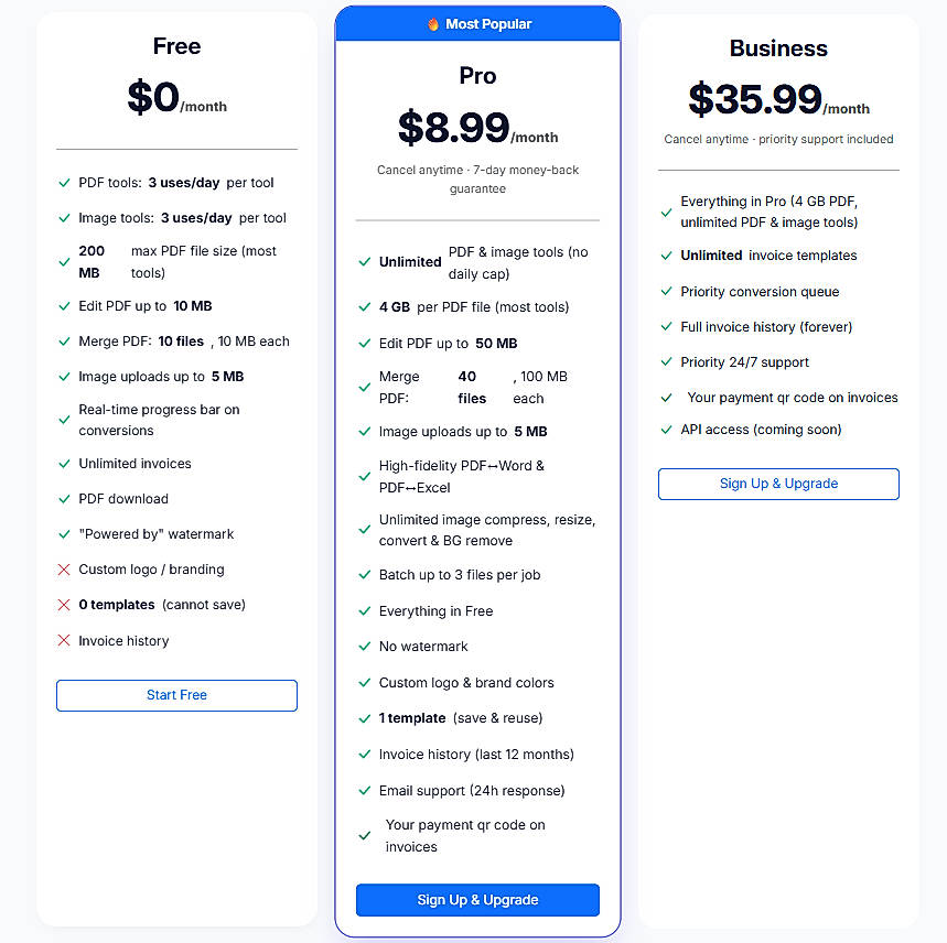 Pricing screenshot
