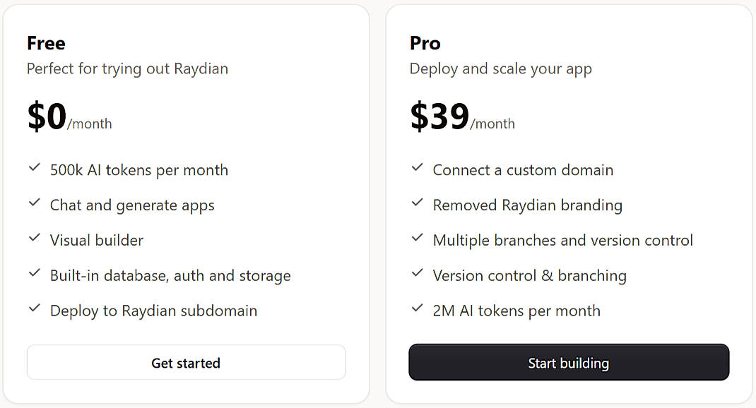 Pricing screenshot