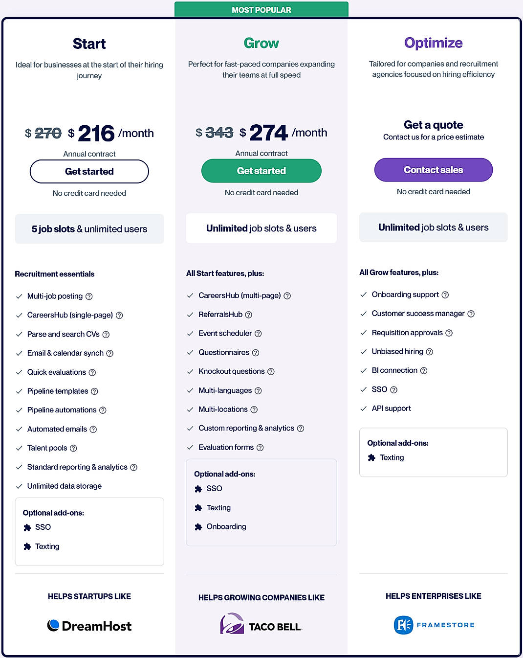 Pricing screenshot