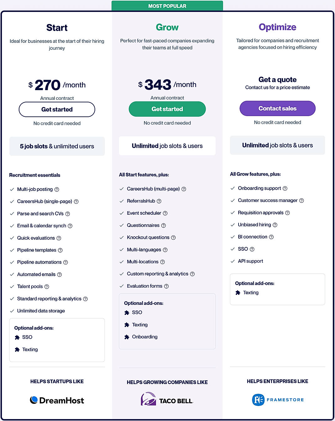 Pricing screenshot