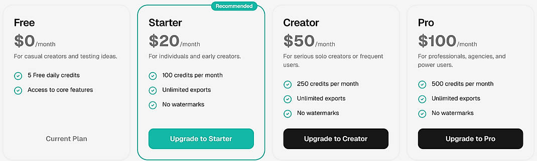 Pricing screenshot