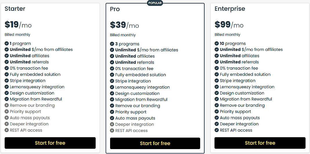 Pricing screenshot