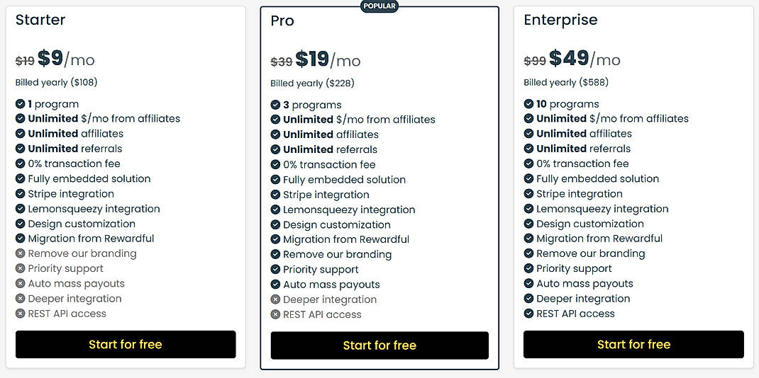 Pricing screenshot