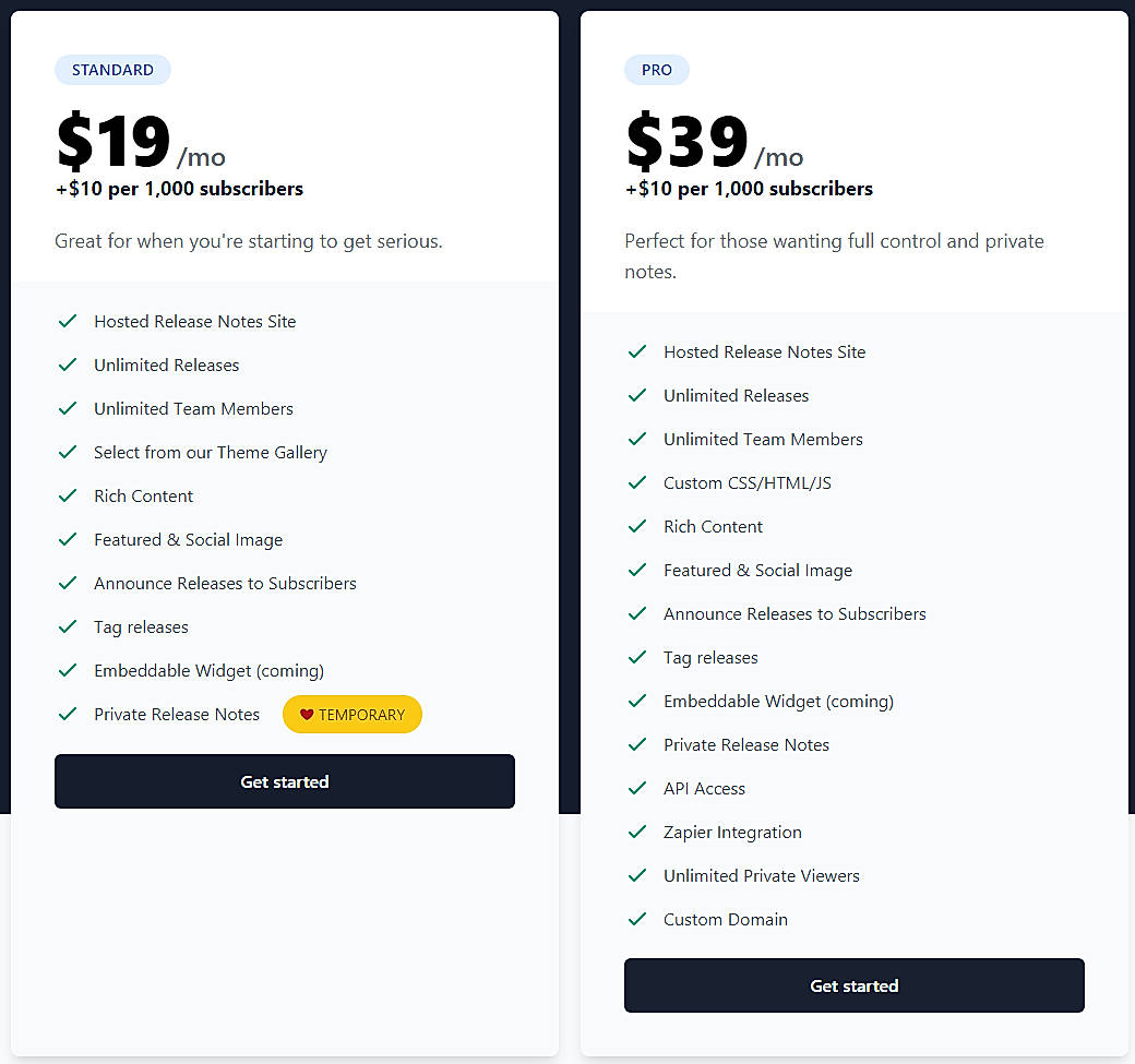 Pricing screenshot