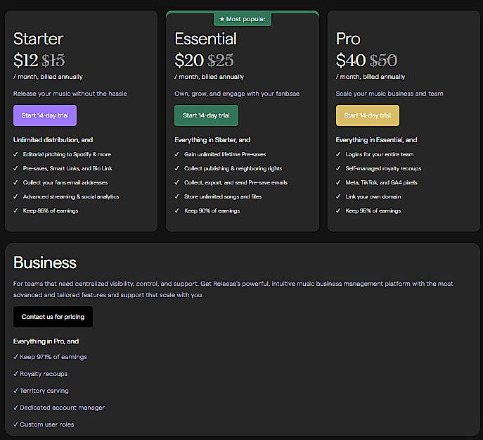 Pricing screenshot