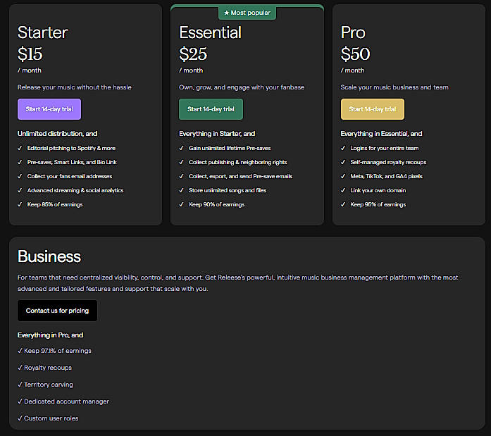 Pricing screenshot