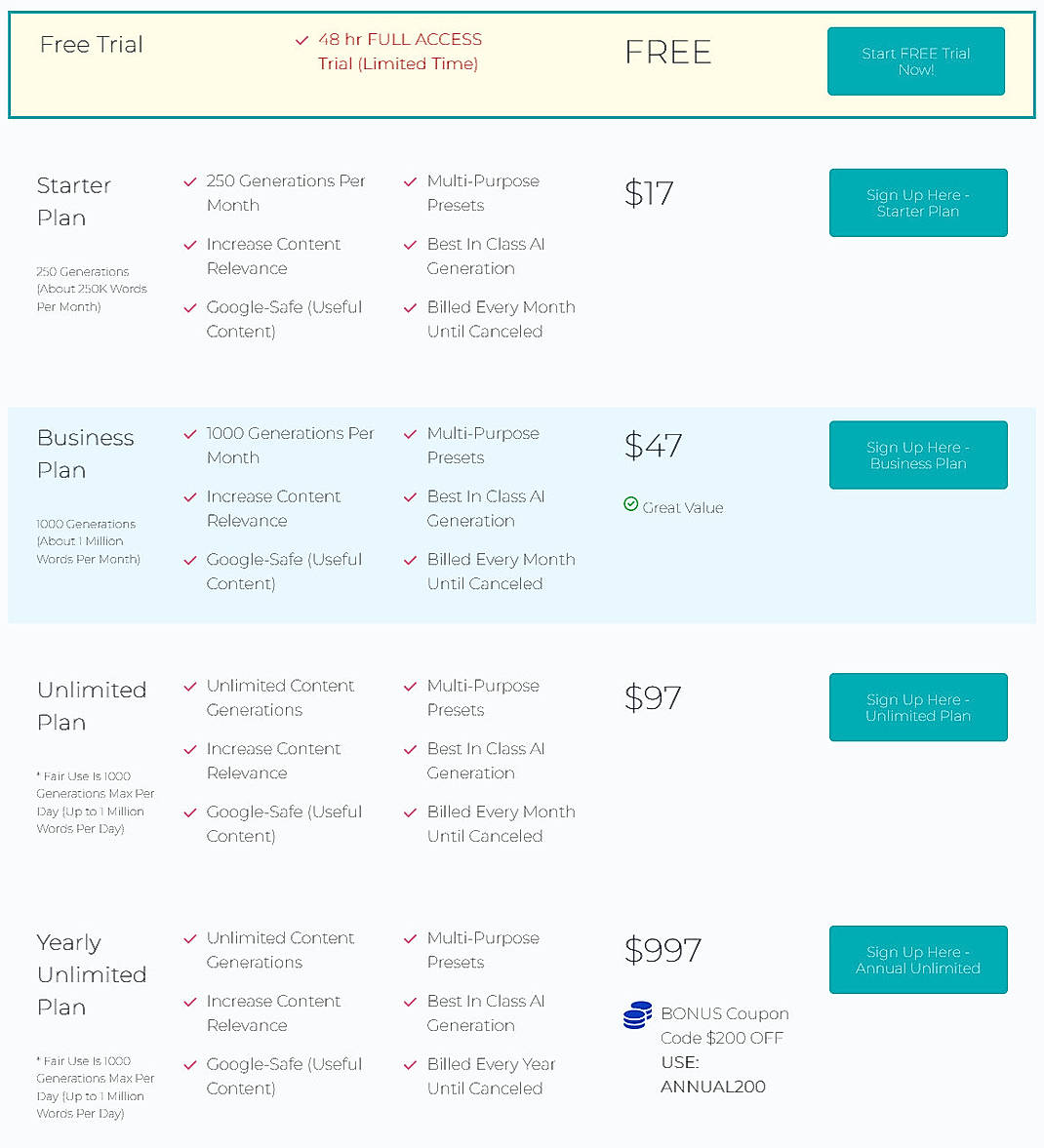 Pricing screenshot