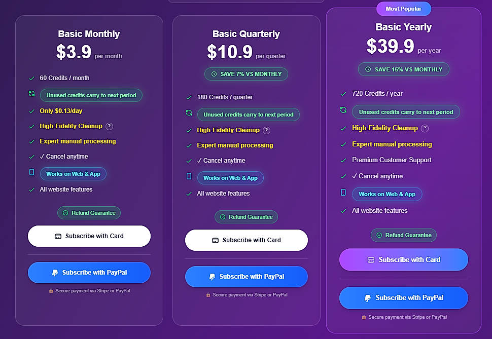 Pricing screenshot