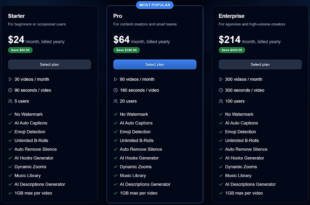 Pricing screenshot