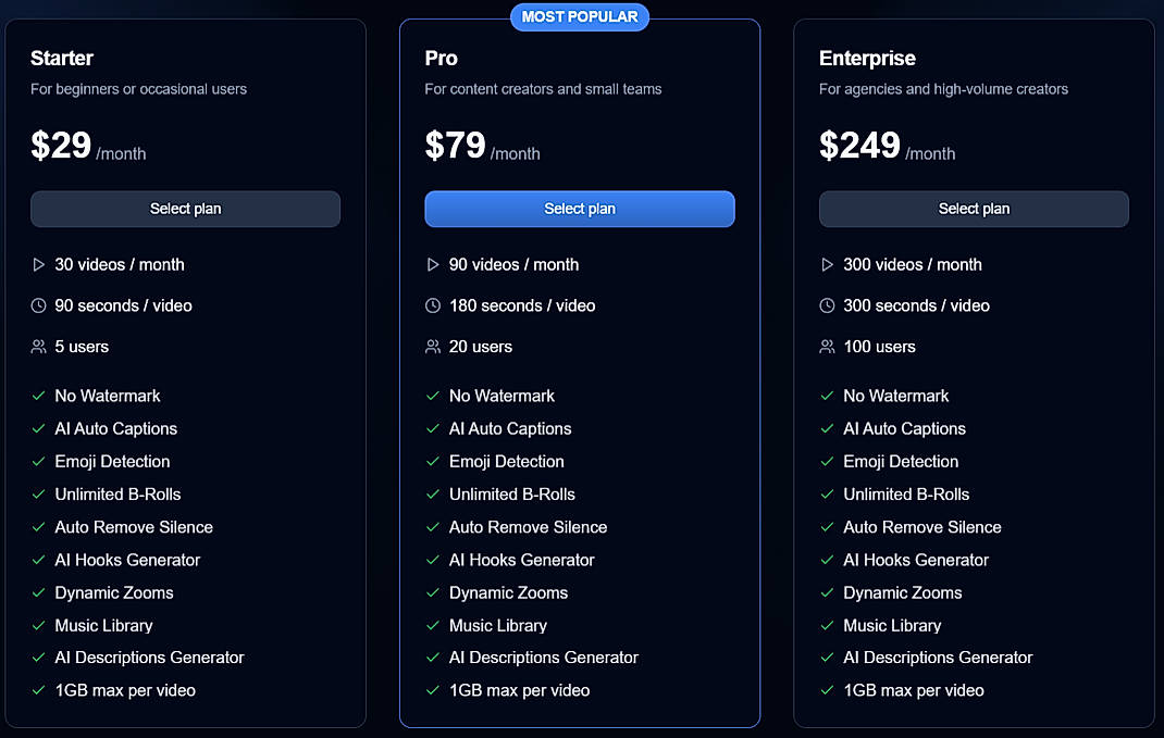 Pricing screenshot