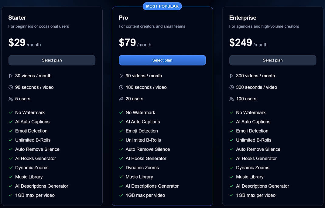 Pricing screenshot
