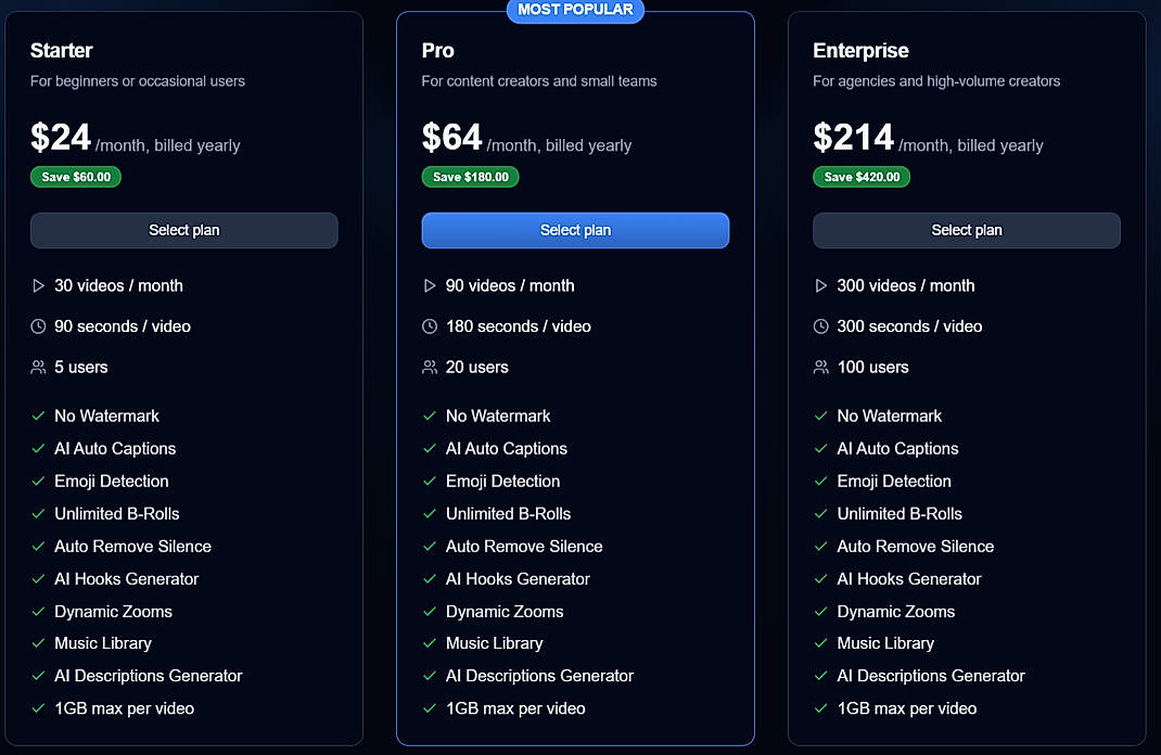 Pricing screenshot