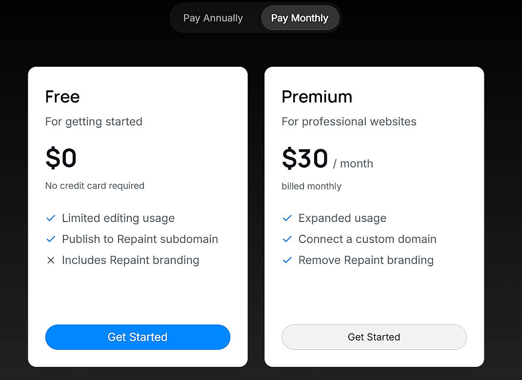 Pricing screenshot