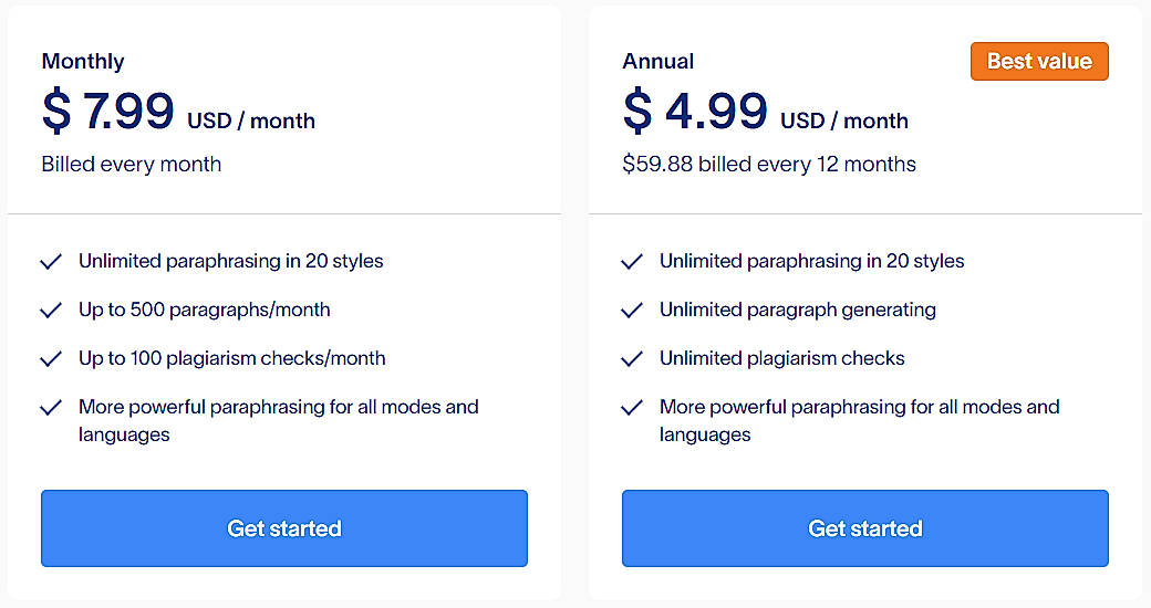 Pricing screenshot
