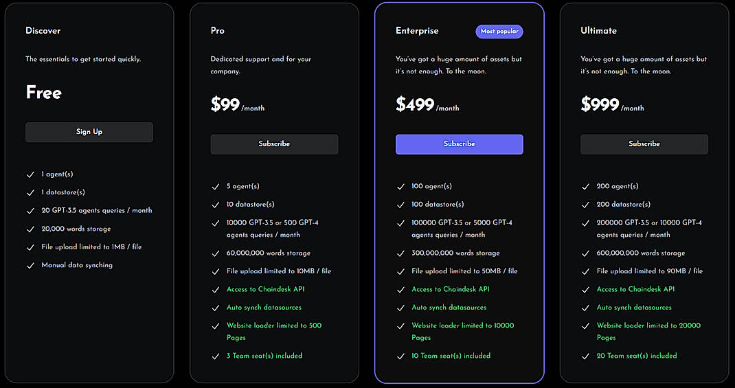 Pricing screenshot