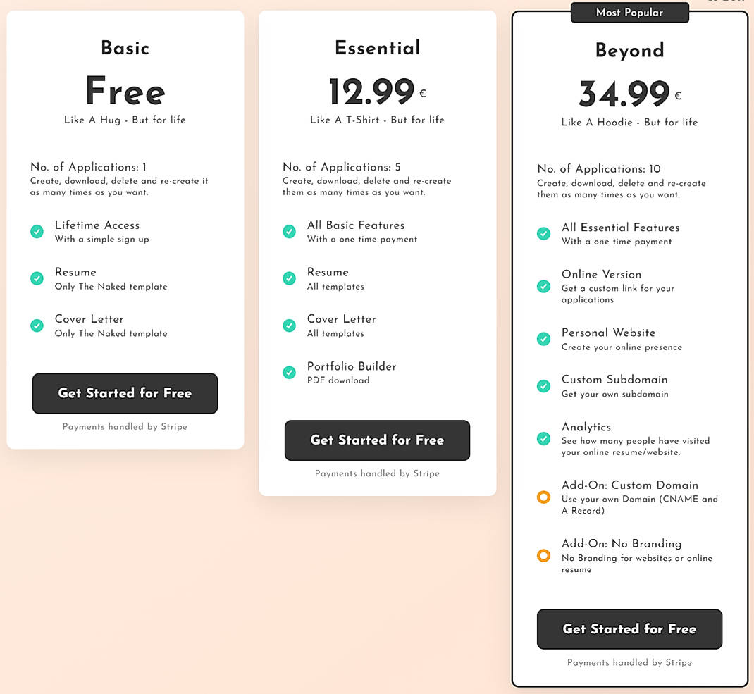 Pricing screenshot