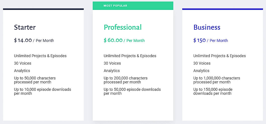 Pricing screenshot