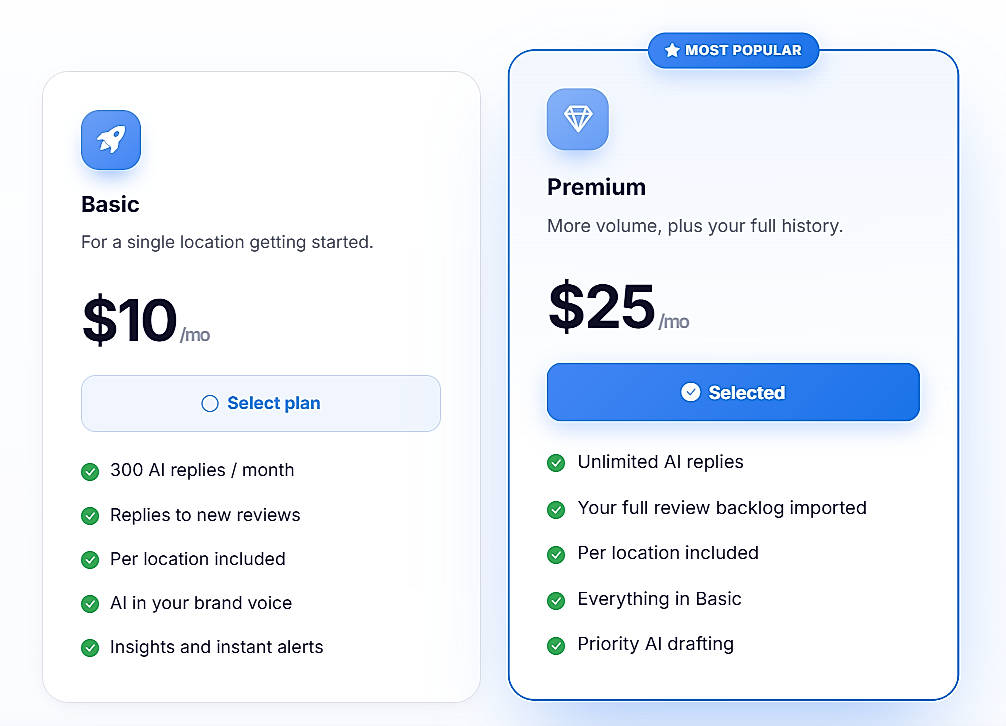 Pricing screenshot