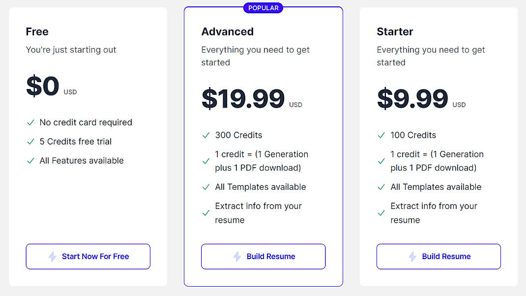 Pricing screenshot
