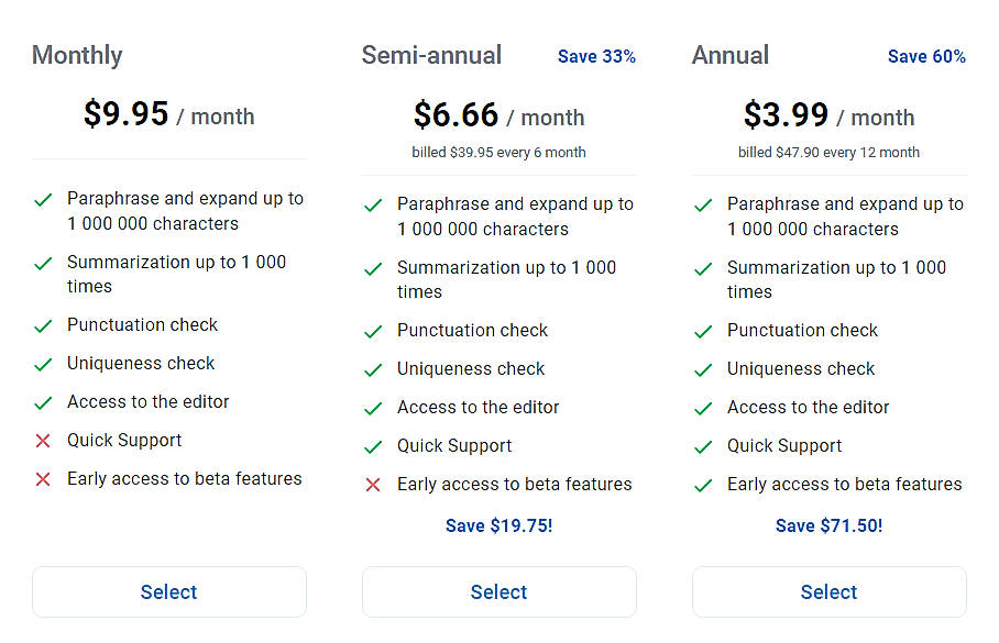 Pricing screenshot