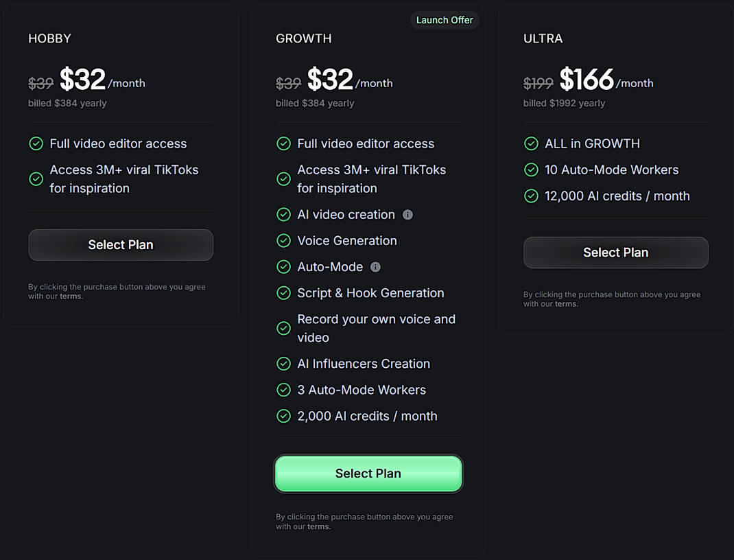 Pricing screenshot