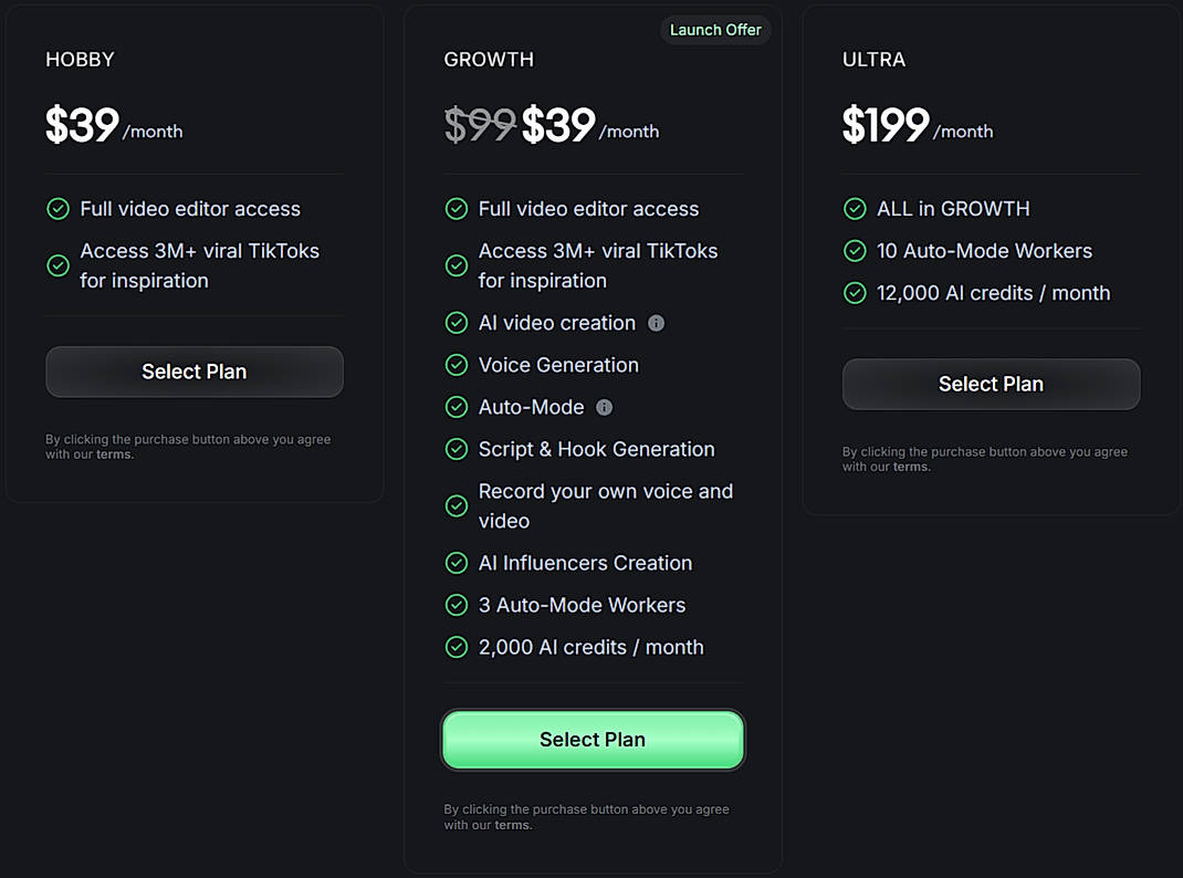Pricing screenshot