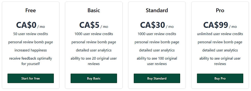 Pricing screenshot