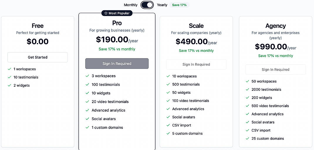 Pricing screenshot
