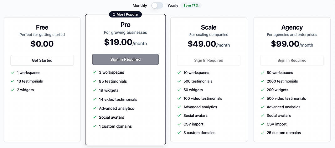 Pricing screenshot