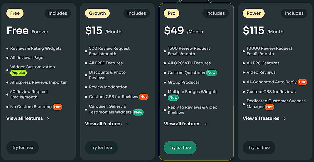 Pricing screenshot