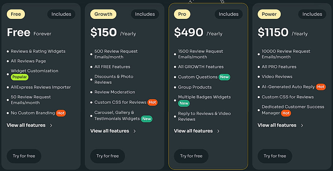 Pricing screenshot