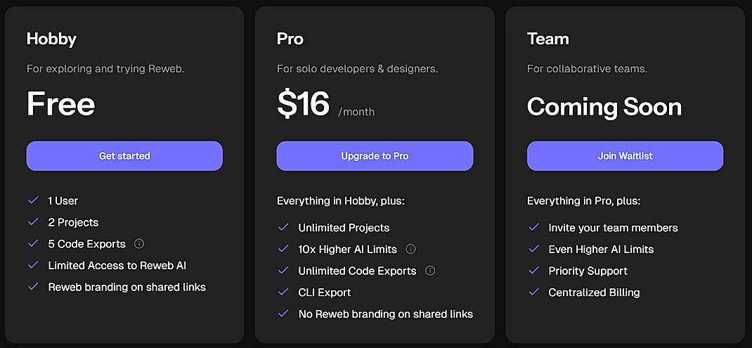 Pricing screenshot